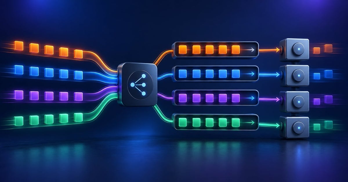 Kafka partitions route same-key events through ordered lanes to parallel consumers